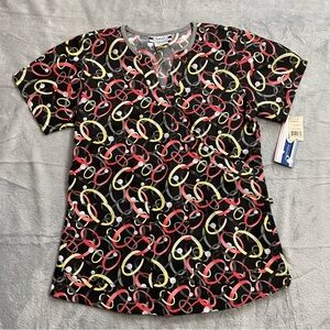 Scrub Top XS Womens NWT Circle Link Multi Princess Style Mock Wrap Best
